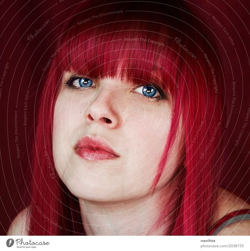 Young woman with pink hair and blue eyes Feminine Youth (Young adults) Head 1 Human being 18 - 30 years Adults Hair and hairstyles Red-haired Exceptional