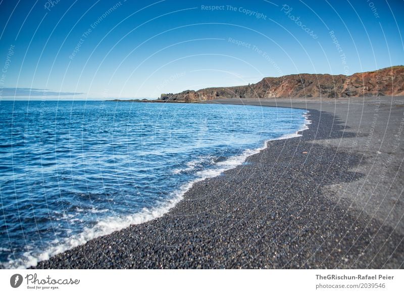 Lava Beach Iceland Environment Nature Landscape Blue Gray Black Coast Rock Ocean White crest Lava beach Stone Wet Dry Beautiful weather Vantage point Horizon