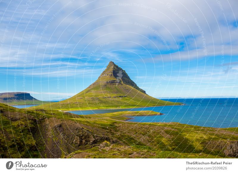 Kirkjufell Environment Nature Landscape Blue Brown Green White Mountain Water Ocean Clouds Travel photography Landmark Iceland Horizon Vantage point