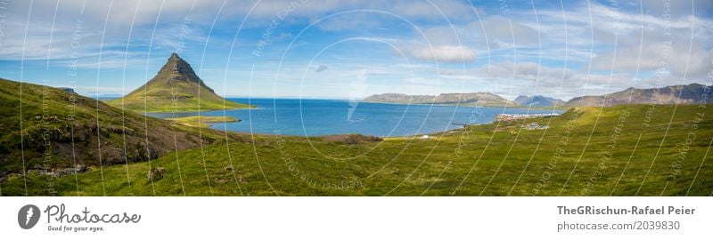 Kirkjufell Environment Nature Landscape Blue Gray Green White Mountain Panorama (Format) Vantage point Far-off places Iceland Ocean Pasture Real estate Clouds