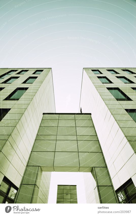 News from Bad Kippingen Bank building Building Wall (barrier) Wall (building) Facade Window Esthetic Sharp-edged Tall Modern Above Under Blue Gray Might