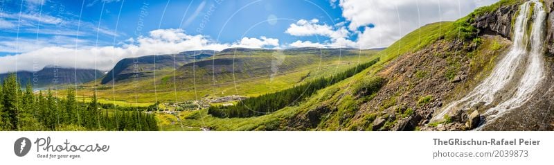 waterfall Environment Nature Landscape Beautiful weather Blue Brown Gray Green White Panorama (Format) Vantage point Waterfall Iceland Mountain Forest Clouds