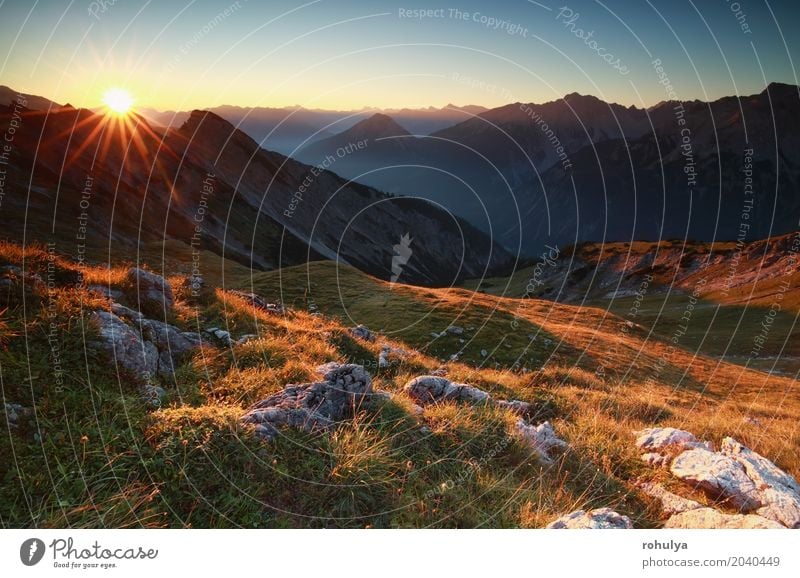 golden sunrise in high mountains, Austria Vacation & Travel Sun Mountain Nature Landscape Sky Sunrise Sunset Fog Meadow Hill Rock Alps Stone Wild Blue star