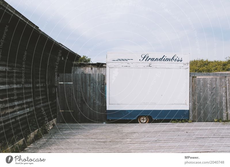 beach snack Food Fish Nutrition Shopping Old Idyll Stagnating Snack bar Trailer Wooden board Restaurant Beach Hut Sell Colour photo Exterior shot Deserted