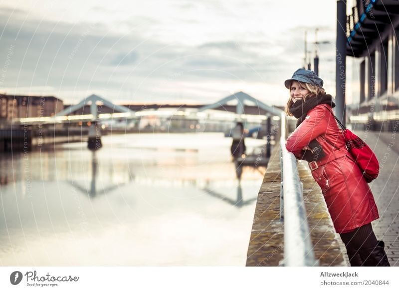 Glasgow bridge with woman Scotland Water River Bridge Reflection Sunset Evening Clouds Vantage point clyde Woman Feminine Young woman Red Cap Coat