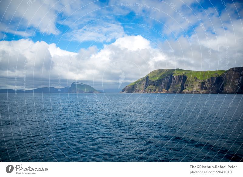 cliffs Environment Nature Landscape Blue Gray Green White Rock Cliff Coast Ocean Pasture Clouds Føroyar Colour photo Exterior shot Deserted Copy Space top