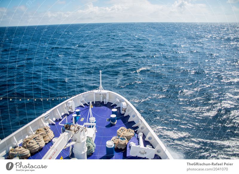 shipping Nature Blue White Navigation Watercraft Bow Ocean Wet Horizon Far-off places Clouds Beautiful weather Calm Vantage point Colour photo Exterior shot Day