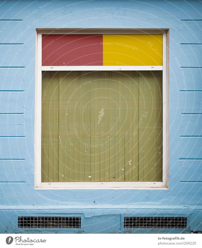 right angled Deserted Wall (barrier) Wall (building) Facade Window Stone Line Rectangle Window pane Blue Yellow Red Light blue Hidden Symmetry Colour photo