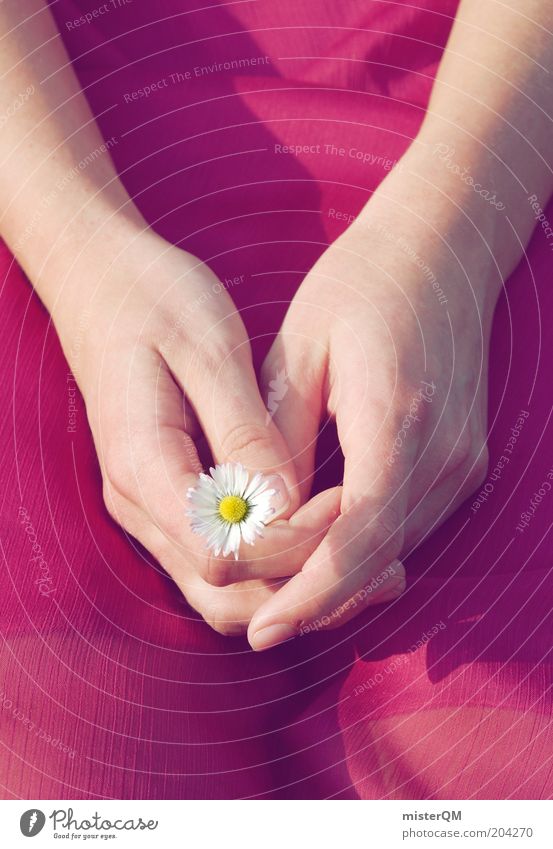 Lucky charm. Young woman Youth (Young adults) Woman Adults Esthetic Contentment Loneliness Peace Daisy Good luck charm Happy Hand Vulnerable Small Dress Calm