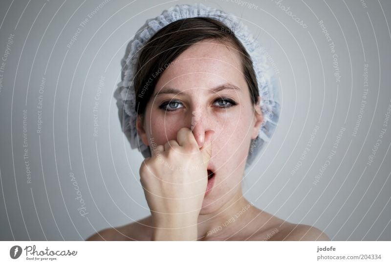 Pack your bathing trunks... Feminine Young woman Youth (Young adults) Woman Adults Face 18 - 30 years Dive Trashy White Breathe in Hand Colour photo