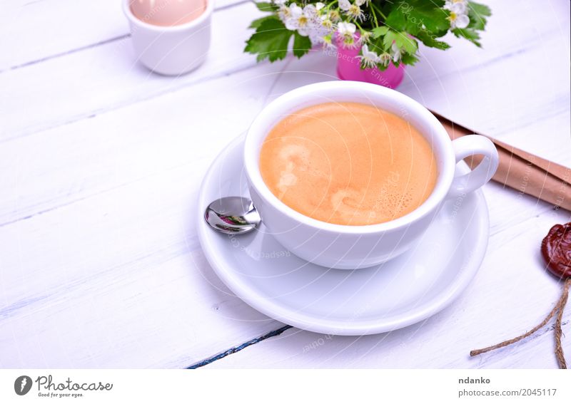 Cup with coffee Breakfast To have a coffee Coffee Espresso Mug Table Restaurant Flower Paper Bouquet Wood Hot Above Retro White Joy Café drink Conceptual design