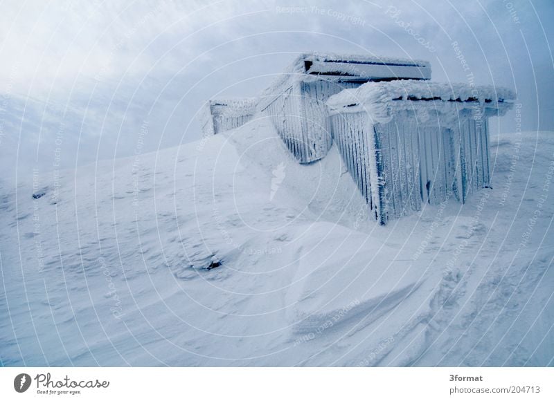 chill Trip Far-off places Winter Snow Winter vacation Mountain Gale Ice Frost Peak Cold Strong Blue Hut Colour photo Subdued colour Exterior shot Day Twilight