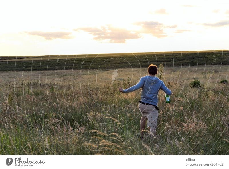 Towards the sun... Young man Youth (Young adults) Nature Landscape Sky Horizon Summer Field Walking Running Far-off places Infinity Joy Adventure Freedom