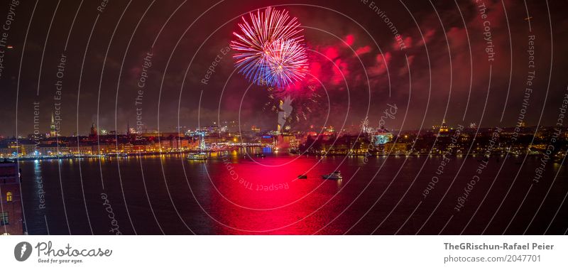 Stockholm_New Year Capital city Port City Red Black Multicoloured Firm Feasts & Celebrations New Year's Party Firecracker Ocean Reflection Panorama (Format)