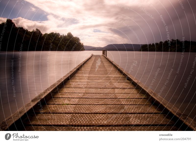 New Zealand 97 Environment Nature Landscape Elements Water Clouds Lakeside Esthetic Footbridge Colour photo Subdued colour Deserted Day Contrast Reflection