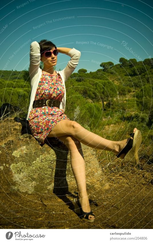 Nature Hill Fashion Clothing Dress Footwear Sit Cool (slang) Fresh Multicoloured Happiness Elegant Field Woman Retro Beauty Photography Tree Funny Colour photo