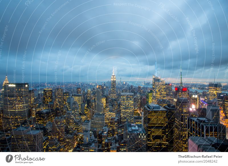 new york Town Skyline Blue Gold Silver New York City Bird's-eye view Vantage point House (Residential Structure) High-rise Tourism Clouds Moody Light Window