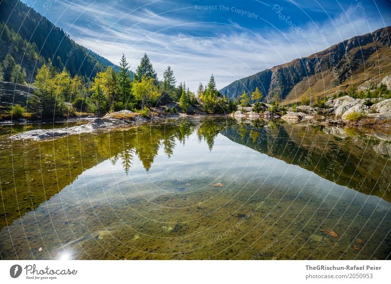 lake Environment Nature Blue Green White Travel photography Hiking Mountain Forest Lake Water Tree Transparent Reflection Switzerland Canton Wallis Stone Clouds