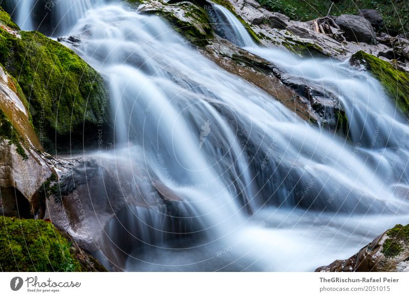 waterfall Environment Nature Landscape Water Drops of water Blue Brown Gray Green Silver White Stone Waterfall Blur Moss Life Switzerland Body of water