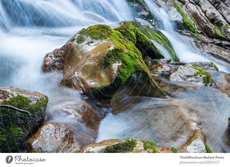 waterfall Environment Nature Landscape Plant Elements Water Drops of water Beautiful weather Blue Brown Gray Green Black White Stone Moss Wet Cold Flow Hover