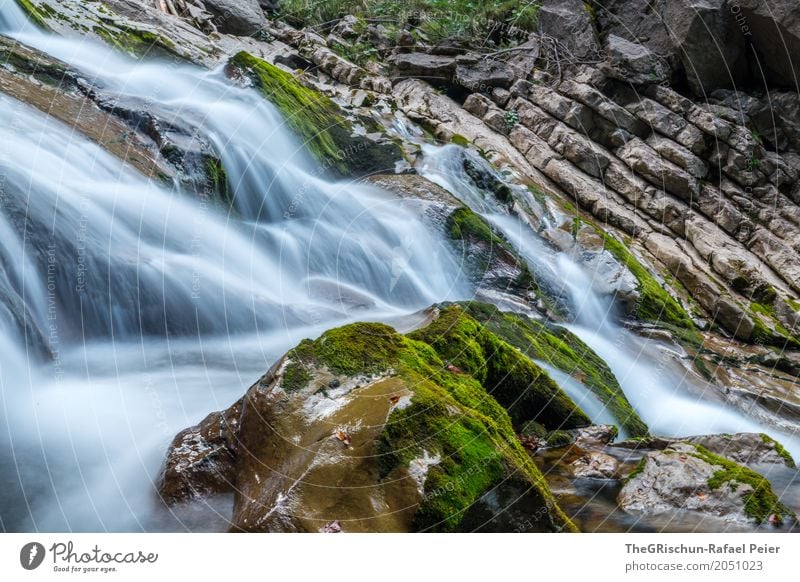 waterfall Environment Nature Landscape Water Drops of water Blue Brown Gray Green Black White Waterfall Stone Moss Rock Hover Long exposure Switzerland Wet Cold