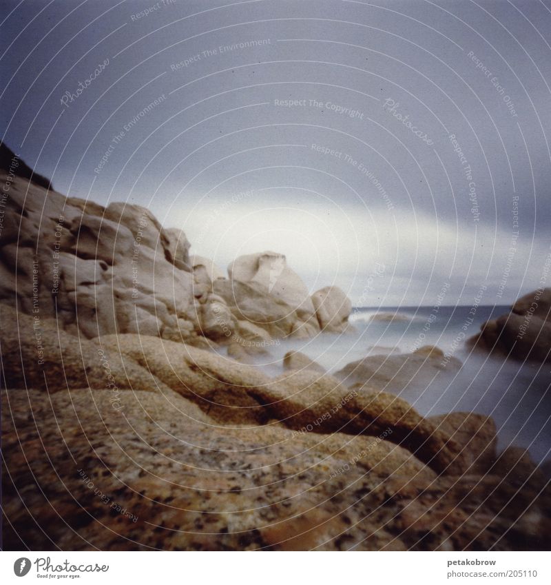 Sardinia Capo Testa Landscape Water Clouds Winter Bad weather Coast Ocean Threat Brown White Colour photo Exterior shot Long exposure Motion blur