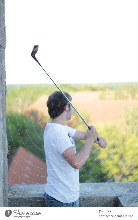 Where'd the ball go? Lifestyle Contentment Relaxation Calm Golf Freedom Sports Young man Youth (Young adults) 1 Human being 18 - 30 years Adults High-rise Ruin