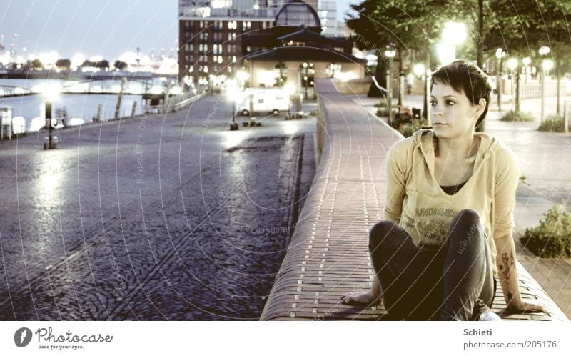 own the night I Feminine Young woman Youth (Young adults) 1 Human being Water Night sky Hamburg Port City Harbour Tattoo Brunette Short-haired Observe Think Sit