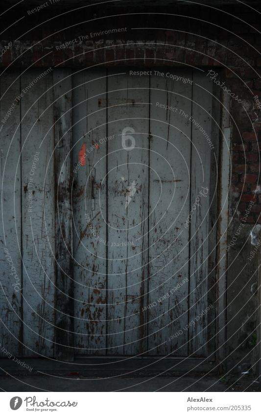 six door Door Gate Deserted Building Digits and numbers Wood Old Retro Gray Decline Transience Wooden door Scratch mark 6 Dark Day Subdued colour Exterior shot