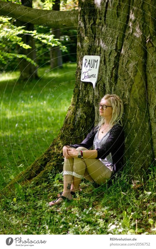 Jule | Young woman with speech bubble sitting at the tree Human being Feminine Youth (Young adults) 1 18 - 30 years Adults Environment Nature Summer Tree Park