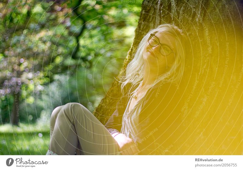 Jule - Young woman sitting by a tree Youth (Young adults) Smiling Happy Joy Hair and hairstyles Adults Colour photo Exterior shot Sit Think Dreadlocks Blonde