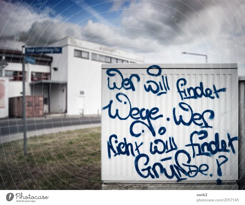 quirky Subculture Graffiti Sky Clouds Grass Jessen Saxony-Anhalt Germany House (Residential Structure) Wall (barrier) Wall (building) Characters Astute Smart