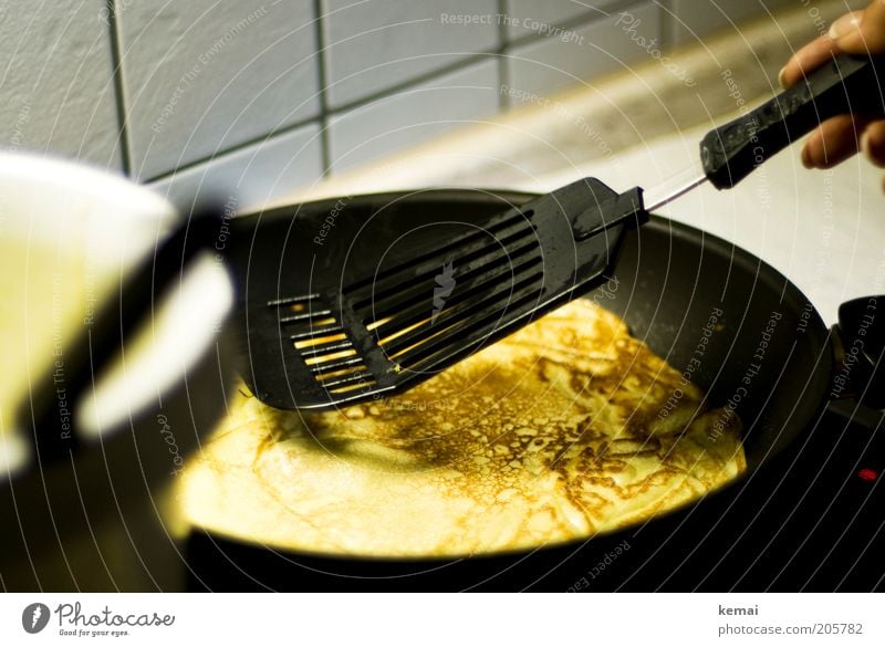 Lunch preparation Food Dough Baked goods Pancake Egg dishes Nutrition Dinner Vegetarian diet Pan lifter Stove & Oven Hot Cooking Colour photo Interior shot Day