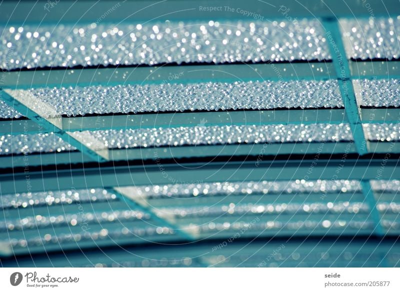 condensed Drops of water Glass Cool (slang) Bright Cold Wet Blue Black White Chlorine Ceiling Colour photo Structures and shapes Light Contrast Reflection