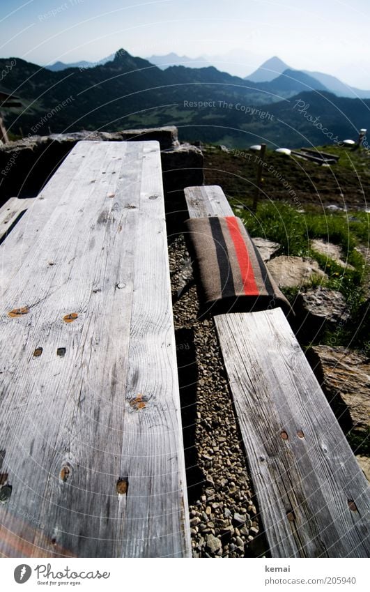 Good morning, mountains Environment Nature Landscape Sky Cloudless sky Sunlight Summer Climate Beautiful weather Warmth Hill Alps Mountain Peak Bench Ale bench