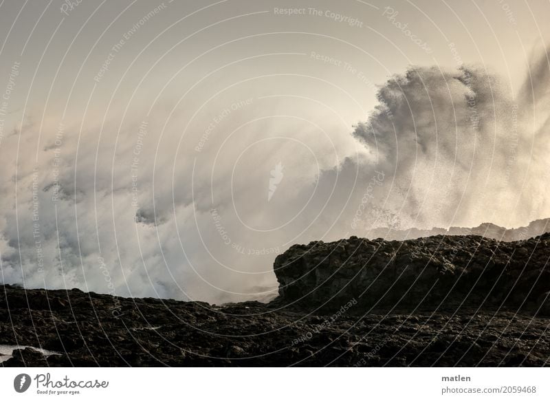 surf Nature Landscape Drops of water Sky Climate Weather Bad weather Gale Rock Coast Ocean Romp Dark Blue Brown Gray White crest Atlantic Ocean Colour photo