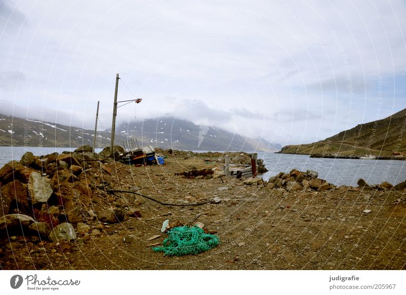 Iceland Environment Nature Landscape Water Sky Clouds Climate Mountain Fjord Harbour Old Natural Moody Loneliness Idyll Decline Past Change Lamp Jetty