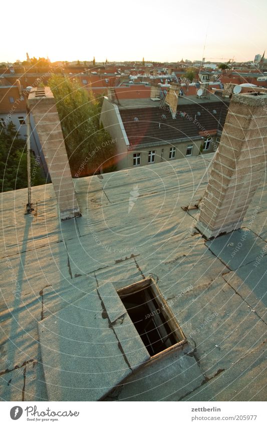 skylight Evening Evening sun Berlin Roof Chimney Hatch Open Vantage point Panorama (View) Capital city Horizon June Summer Sun Sunset Flat roof Hollow Opening