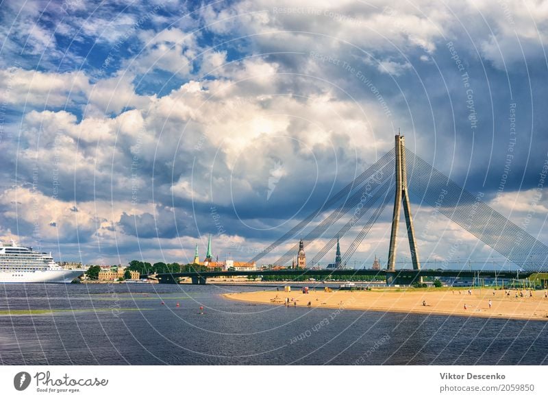 Panorama of Riga in a Sunny day Luxury Beautiful Relaxation Vacation & Travel Tourism Trip Cruise Beach Ocean Baltic Sea River Church Building Transport