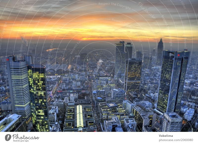 Frankfurt, evening Town Downtown Skyline High-rise Bank building Train station Building Architecture Blue Brown Multicoloured Yellow Gold Gray Green Orange City