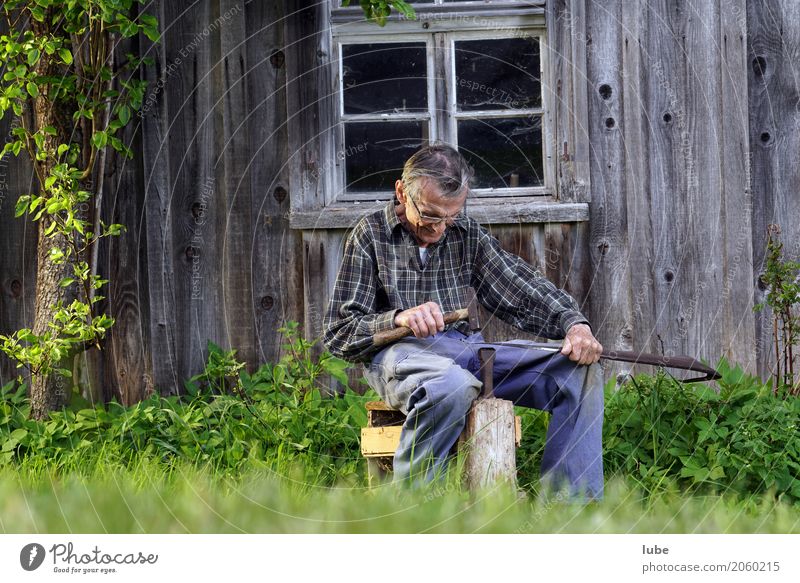 95-year-old Alwin is sharpening his scythe. Fitness Sports Training Work and employment Profession Workplace Agriculture Forestry Craft (trade) Tool Man Adults