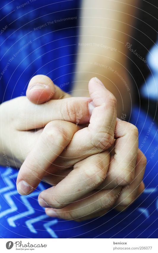 prey Woman Human being Dress Hand Prayer Detail Blue Fingers Desire Nerviness Excitement Wait Distress Frustration Grief Sit Colour photo Shallow depth of field