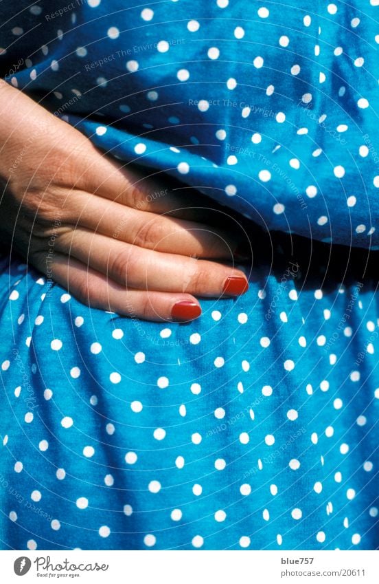 Everything under control Hand Fingers Nail Nail polish Red Feminine Dress Cloth White Woman nails nail varnish Back female Clothing fabric Point polka dots Blue