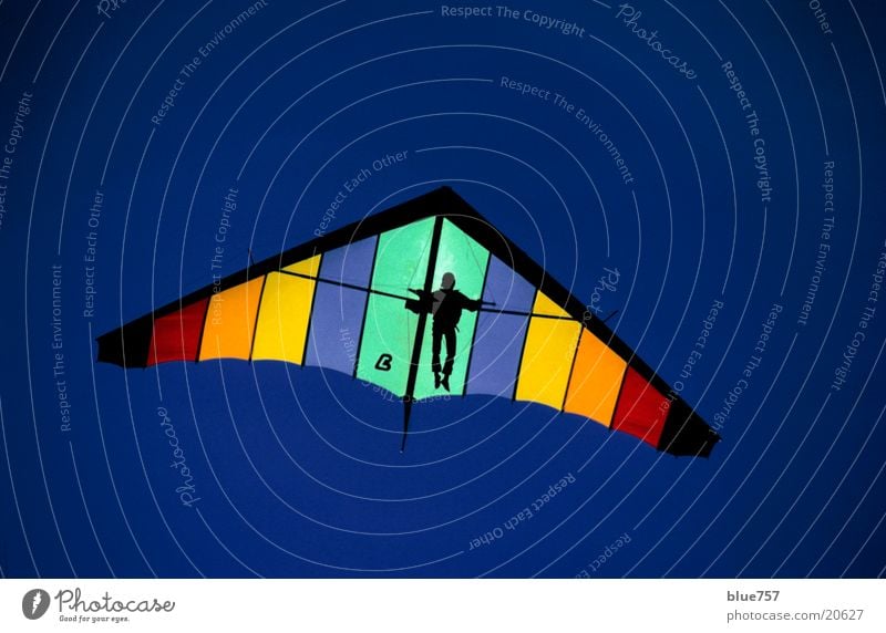 high flyer Hang gliding Multicoloured Man Sports Sky Blue Tall Above Flying Hang glider