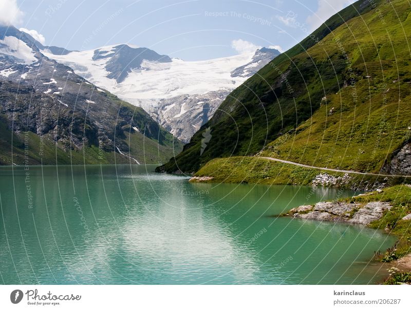 green big mountain lake Beautiful Tourism Summer Snow Mountain Mirror Environment Nature Landscape Sky Clouds Horizon Warmth Grass Hill Glacier Pond Lake River