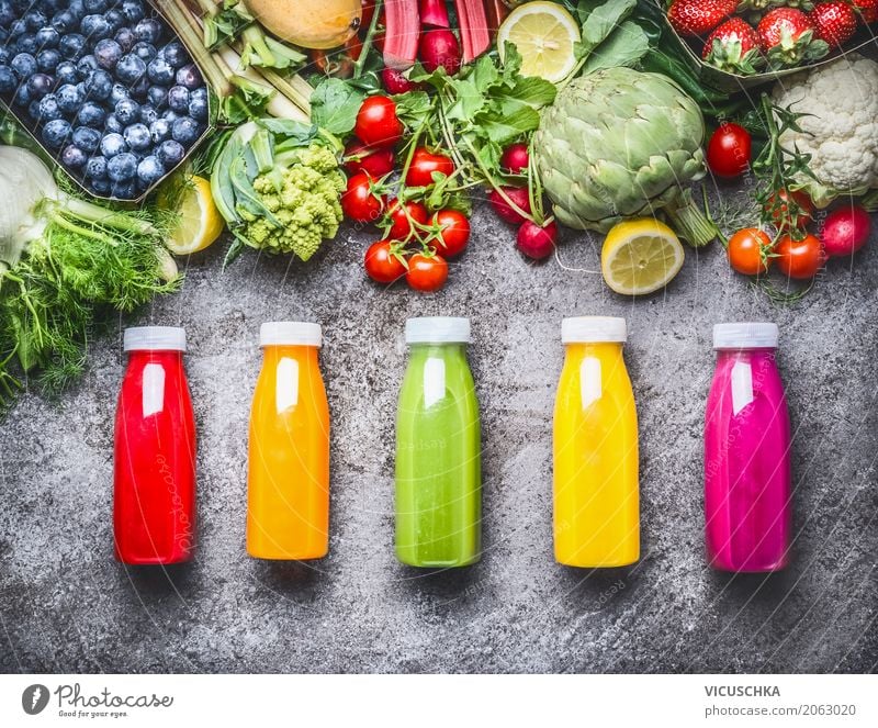 Healthy bottled drinks: smoothies and juices Food Vegetable Fruit Organic produce Vegetarian diet Beverage Cold drink Lemonade Juice Bottle Lifestyle Style