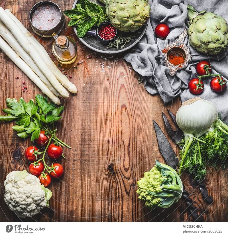 Vegetarian cuisine with asparagus and other organic vegetables Food Vegetable Herbs and spices Nutrition Lunch Organic produce Vegetarian diet Diet Crockery