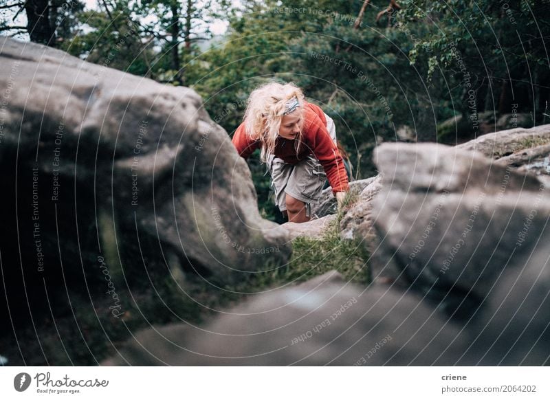 Young woman hiking up a mountain Lifestyle Joy Well-being Relaxation Leisure and hobbies Vacation & Travel Tourism Trip Adventure Freedom Safari Expedition