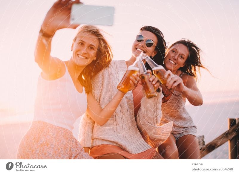 Group of young adult woman drinking beer and taking selfie Beverage Drinking Alcoholic drinks Beer Bottle Lifestyle Joy Relaxation Leisure and hobbies