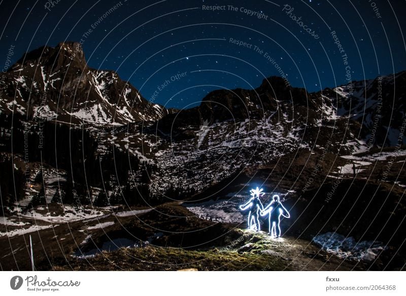 Light Graffiti Pair Light painting Lighting effect Couple Love Romance Funny Man Woman Stars Starry sky Star (Symbol) Mountain Long exposure Dusk Switzerland